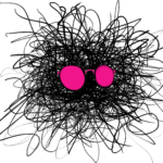 The logo of Linda Six. It's a pair of pink sunglasses on a wirhlwind of darkness.